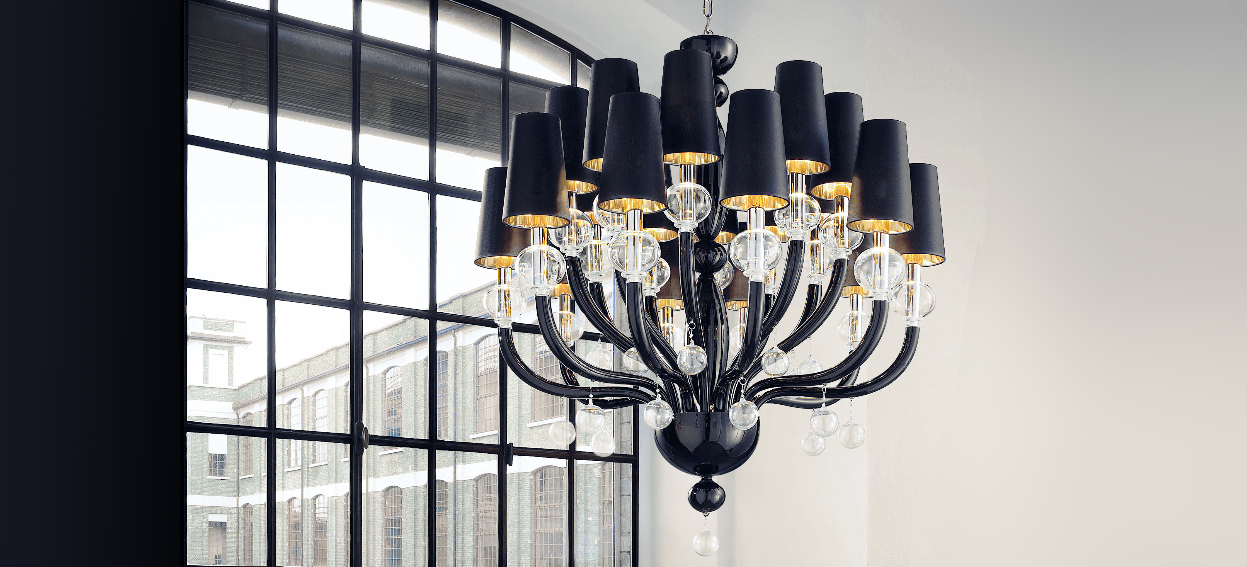 Black glass modern Murano chandelier gold lamp shades interior idea
